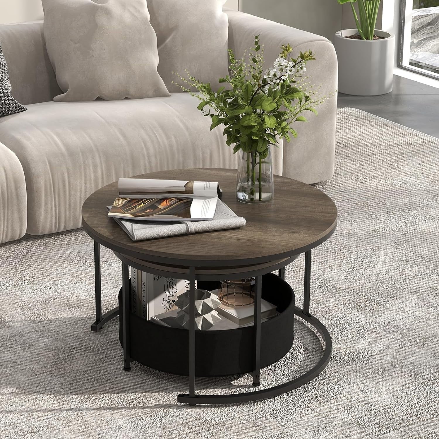 Nesting Coffee Table Set 2 Round Wood Metal Side End Tables Living Room 80CM