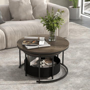 Nesting Coffee Table Set 2 Round Wood Metal Side End Tables Living Room 80CM