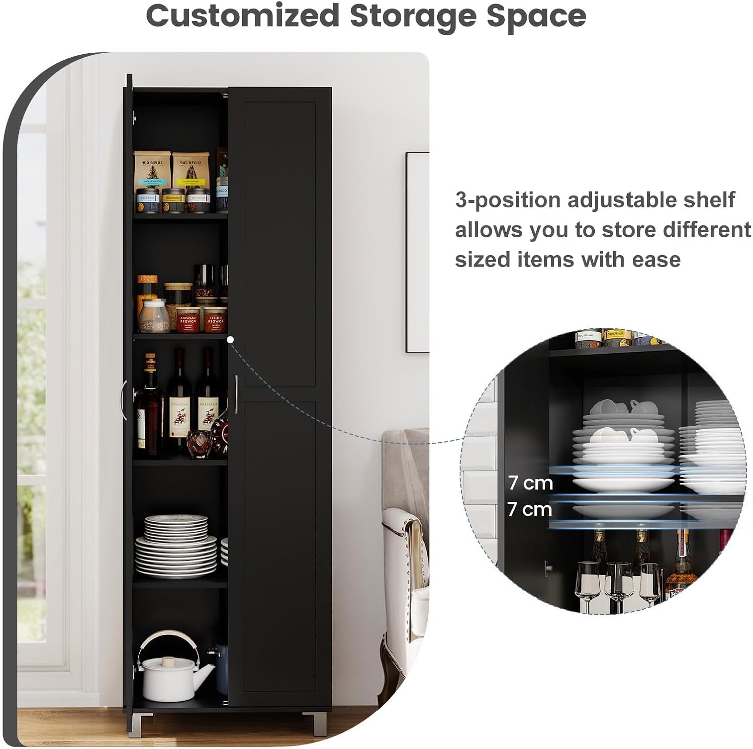 Tall Black Storage Cabinet 2 Door Cupboard | Adjustable Shelves Freestanding Uni