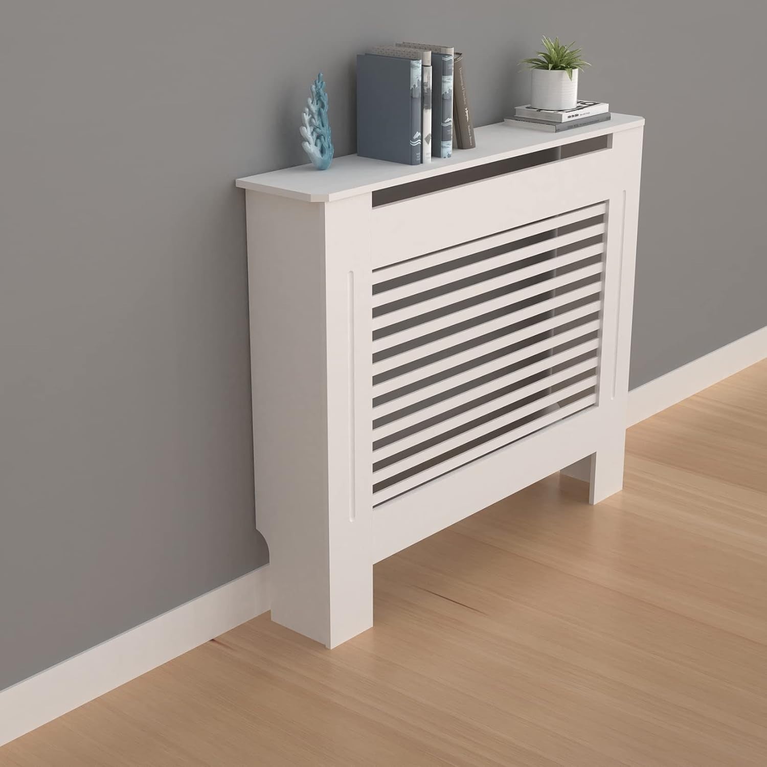 Tall Radiator Cover White MDF Cabinet | Horizontal Slats Modern Shelf 100cm