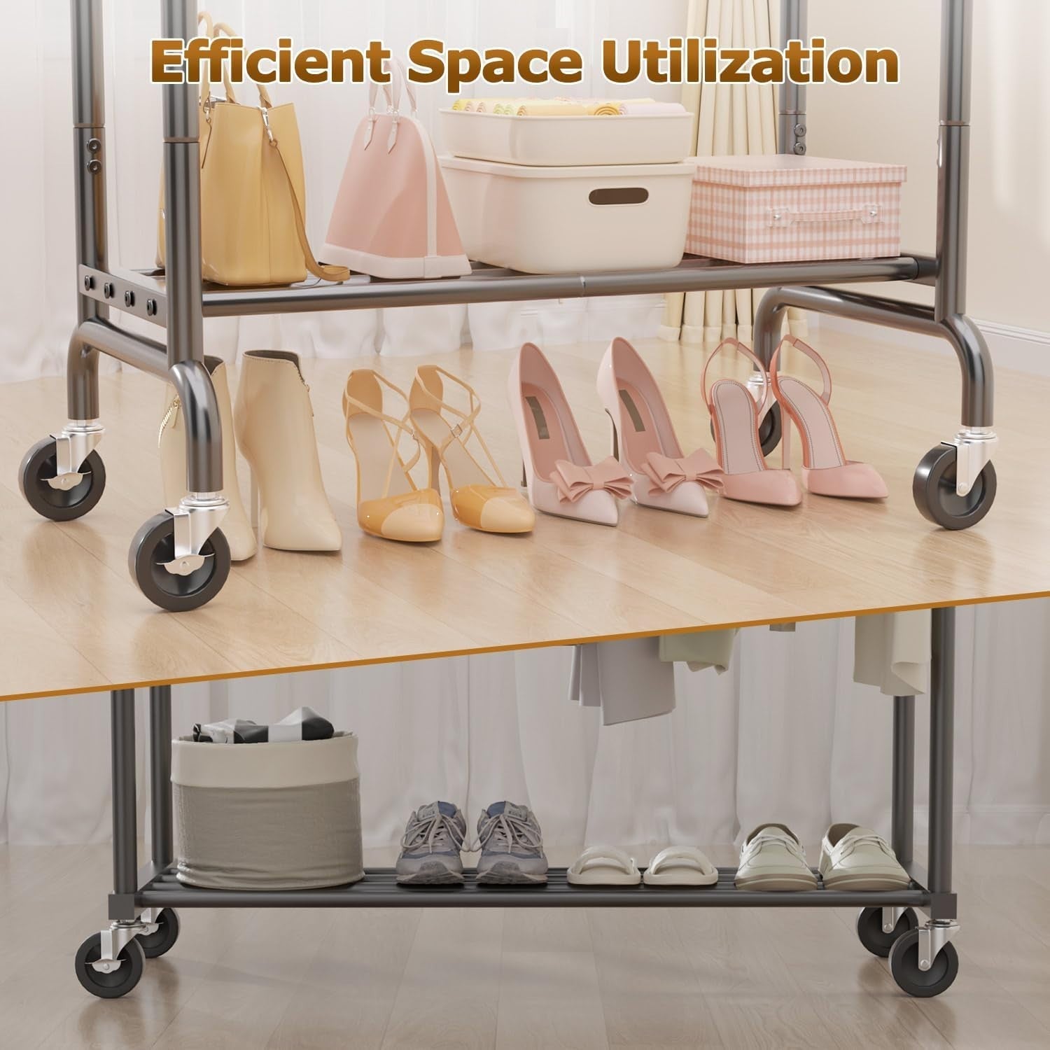 Heavy Duty Double Clothes Rail with Shelves & Wheels – Black