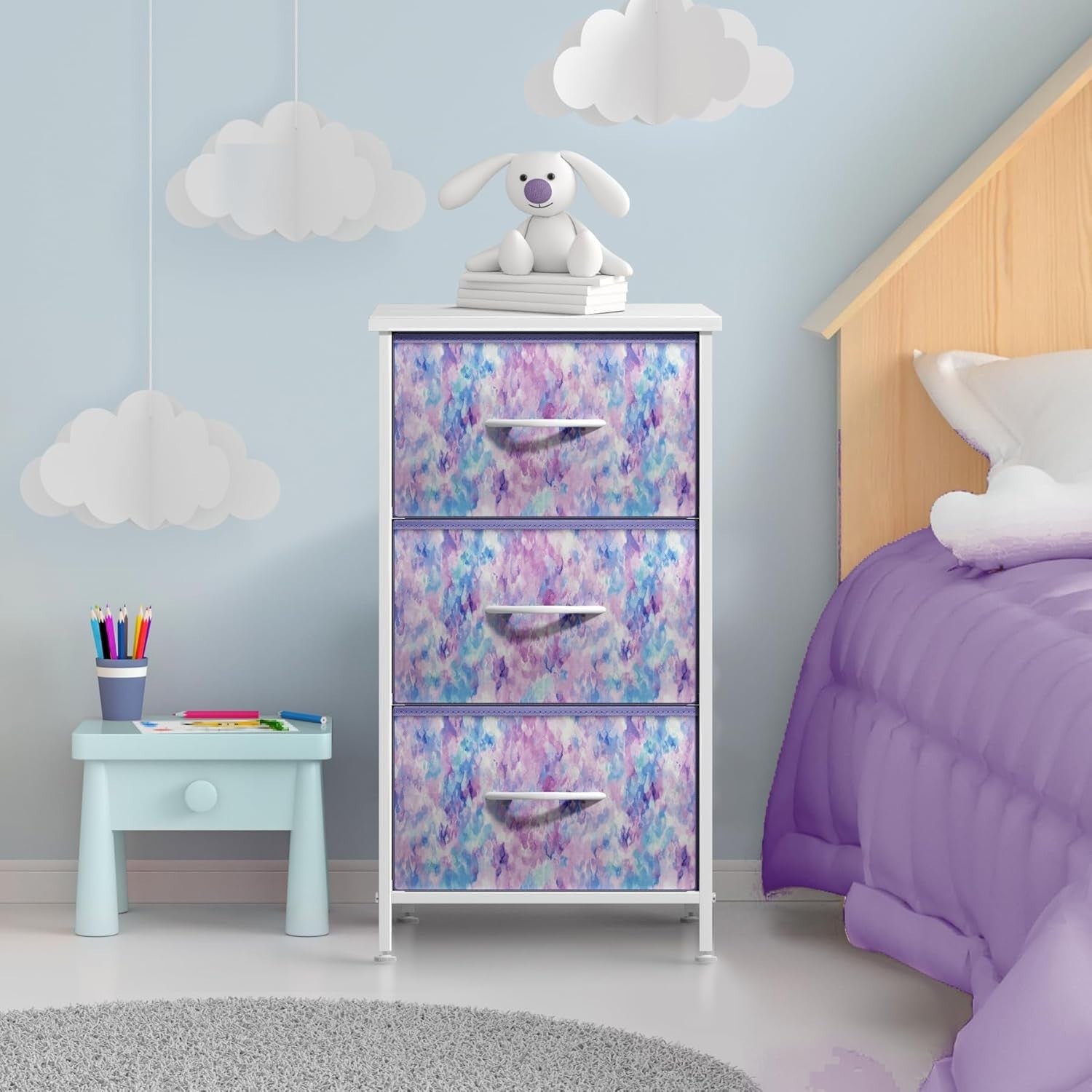 Kids 3-Drawer Storage Nightstand Fabric Dresser Chest w/ Wood Top Purple Tie-Dye