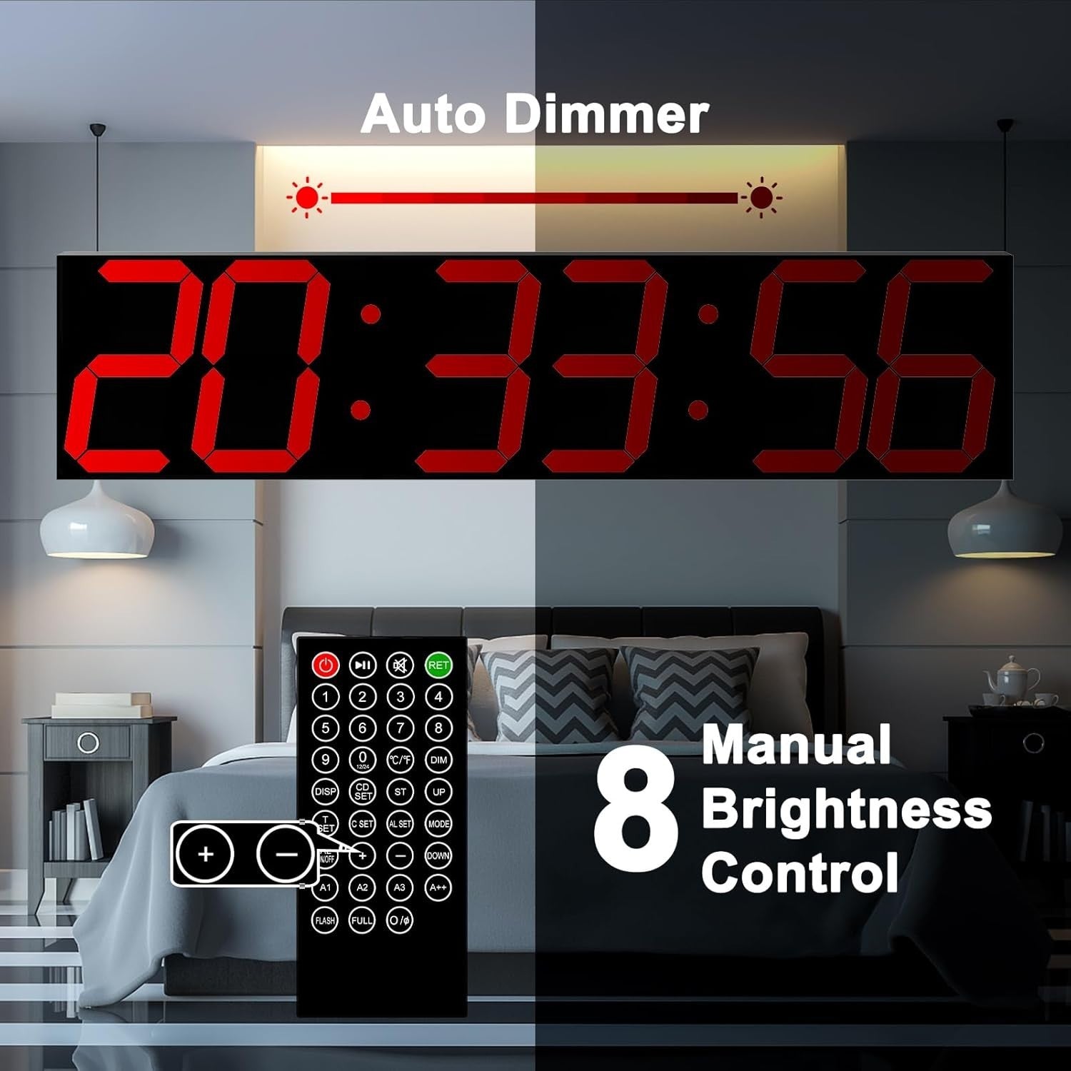 Oversized LED Wall Clock 27" Digital Timer Remote Date Temp Display Red