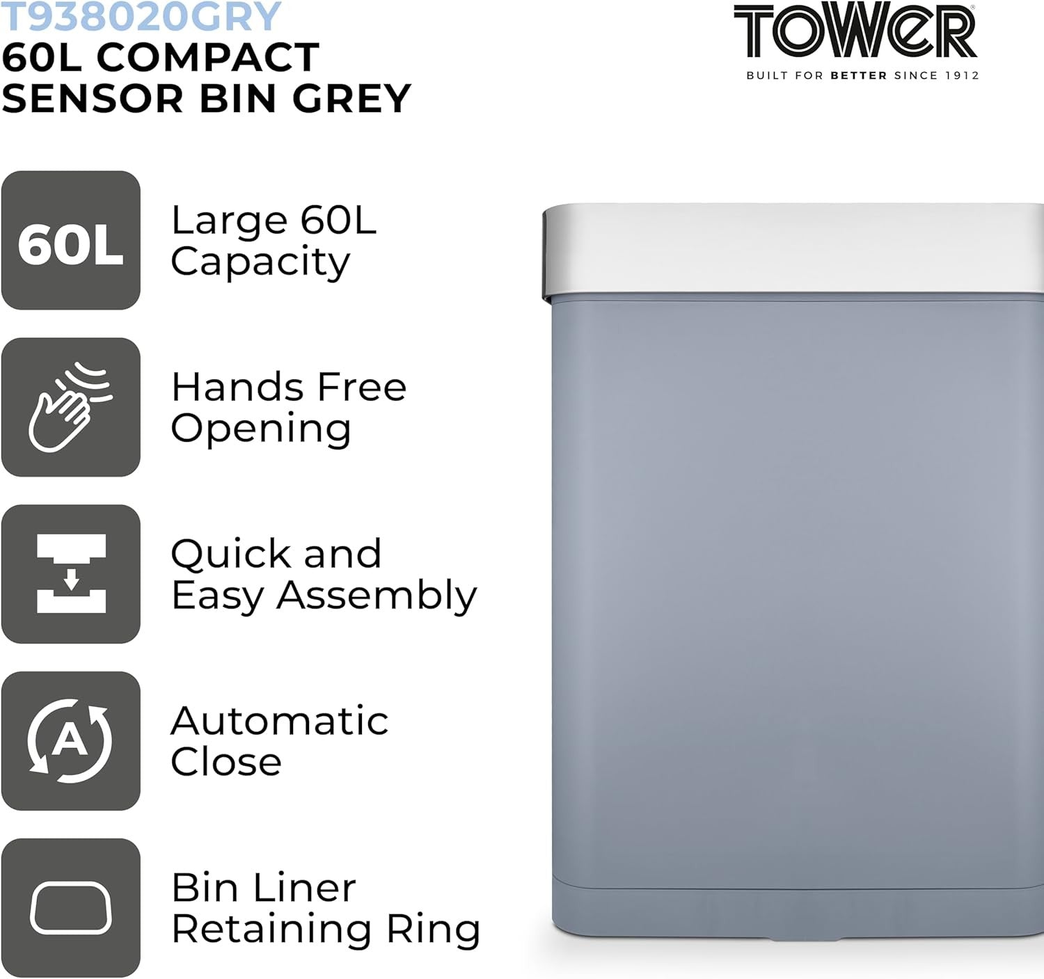 60L Touchless Kitchen Bin | Automatic Sensor Trash Can Grey