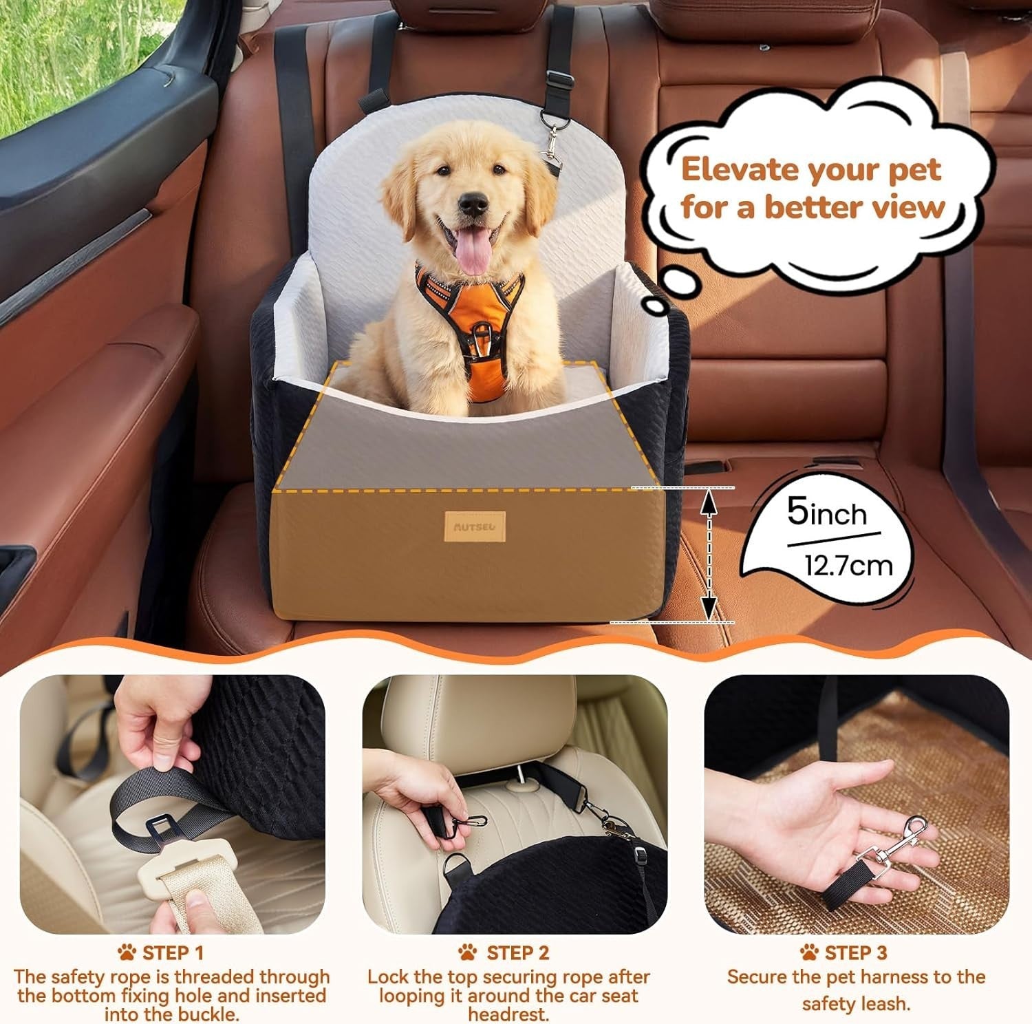 Dog Booster Car Seat Washable Travel Bed Safety Leash 40lb Black Grey