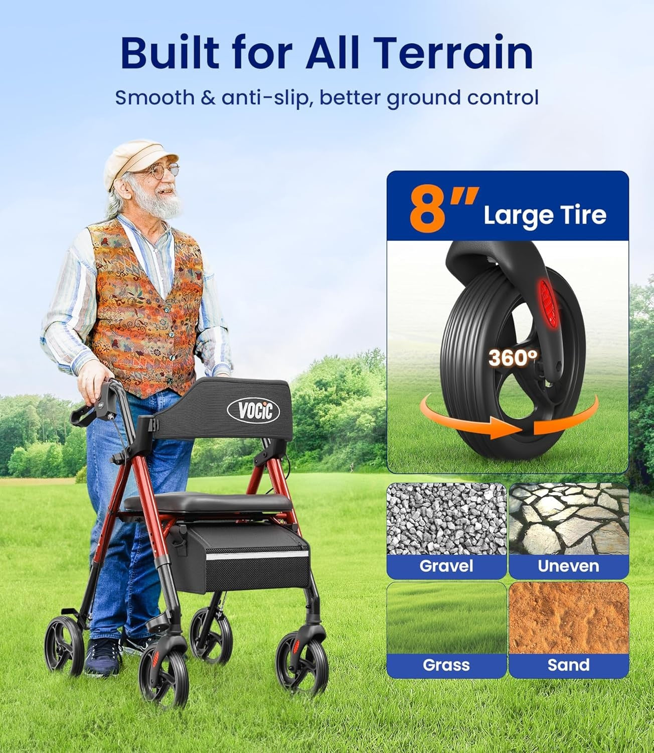 4 Wheel Rollator Walker with Seat Big Wheels Folding Adjustable Height
