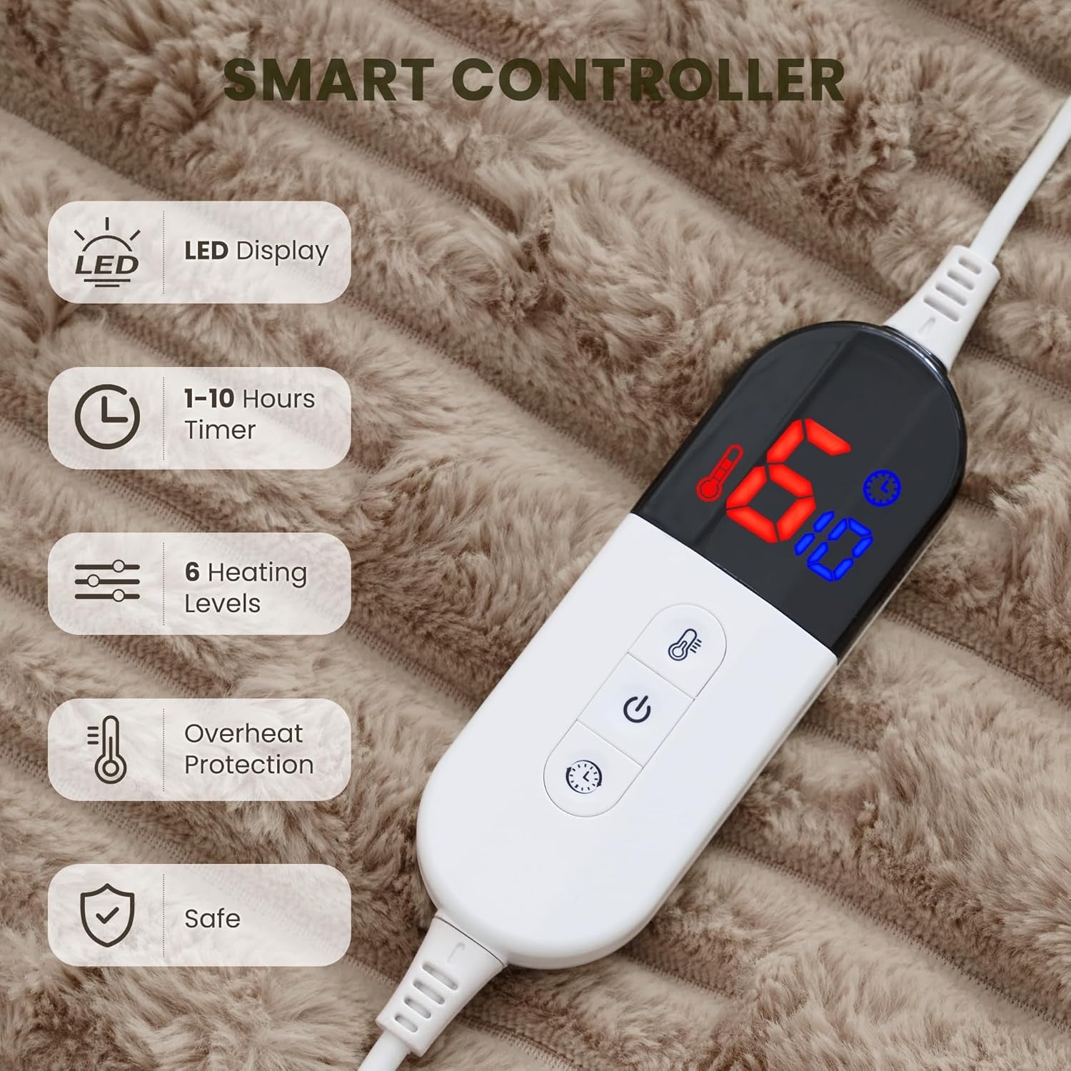 Electric Heated Throw Blanket 6 Heat Settings Auto Off Soft Fleece 130x180cm