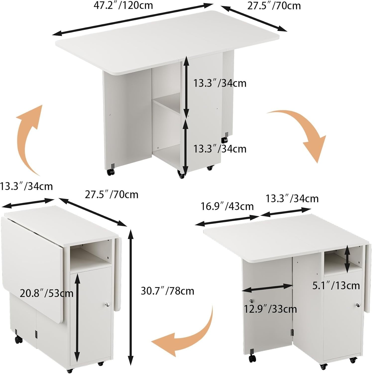 White Folding Drop Leaf Dining Table with Storage Drawer Shelves Space Saving