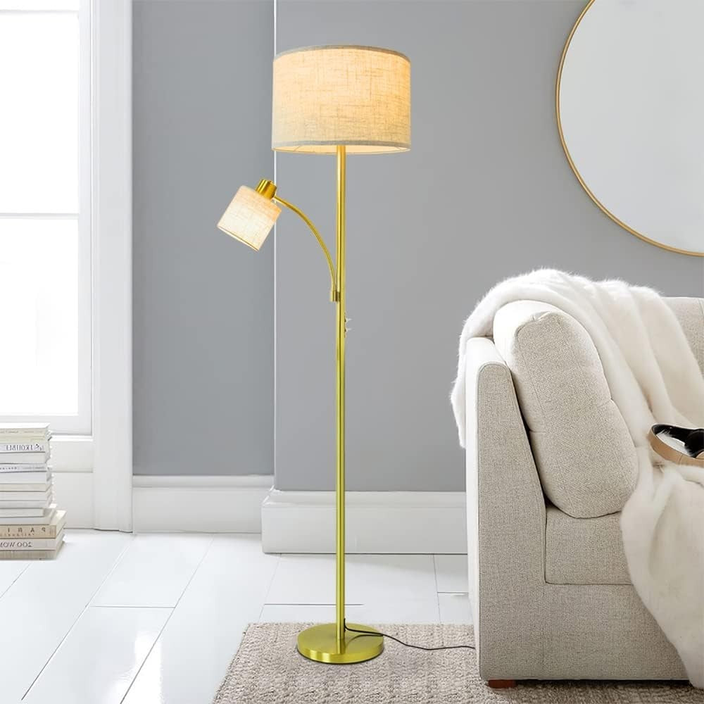 Dual Head Floor Lamp with Reading Light, 3000K LED, Adjustable & Modern Gold