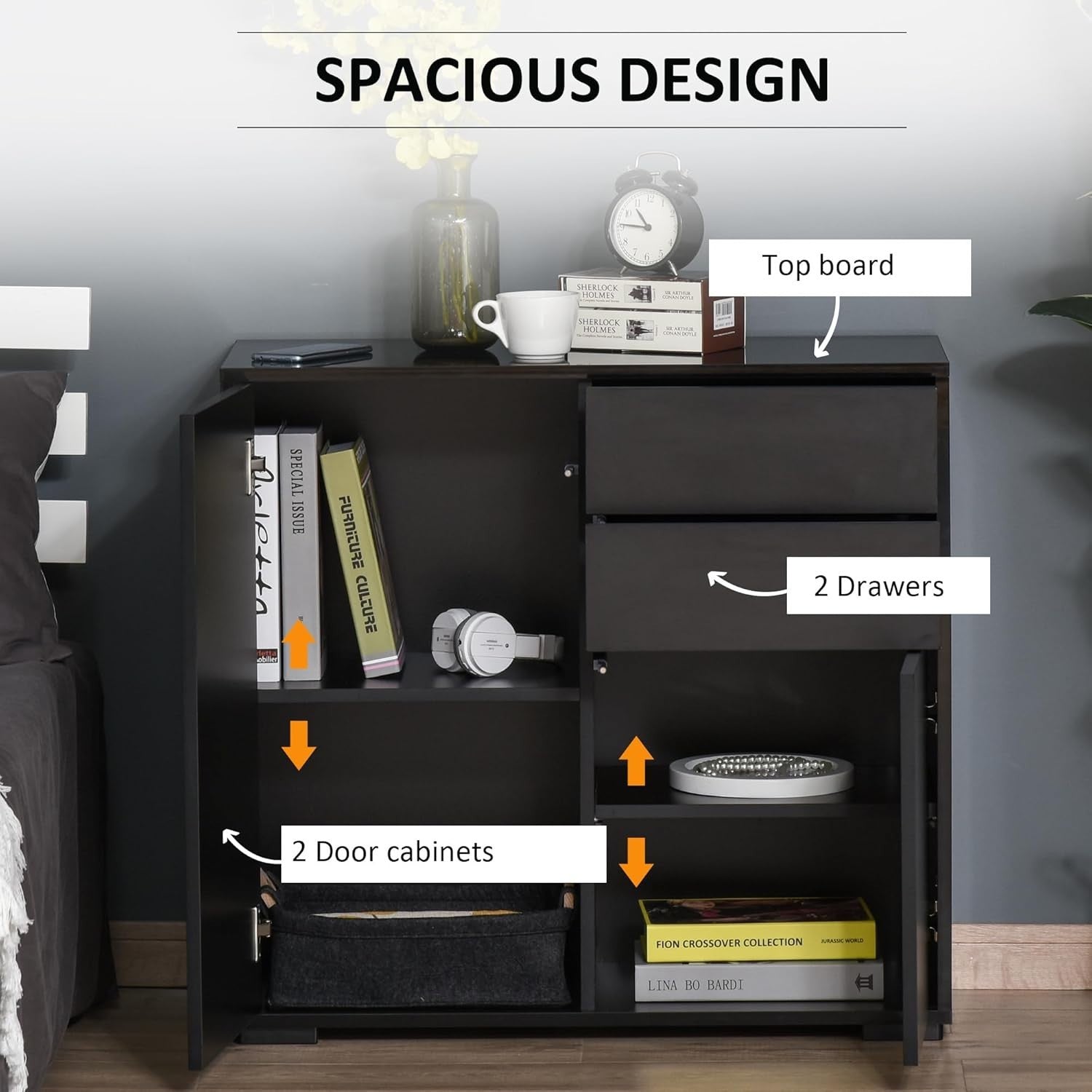 Black High Gloss Sideboard Cabinet 2 Doors 2 Drawers Push-Open Storage