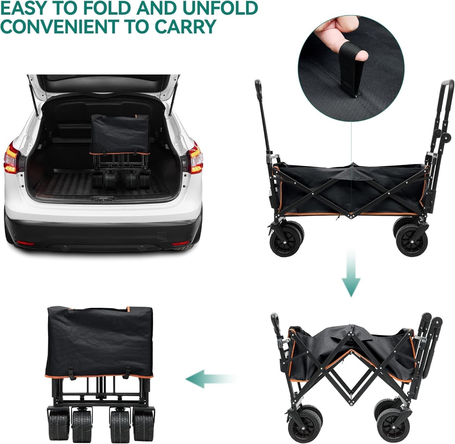 Black Folding Beach Wagon Cart w/ Canopy Oversized Wheels Push Pull 220lbs