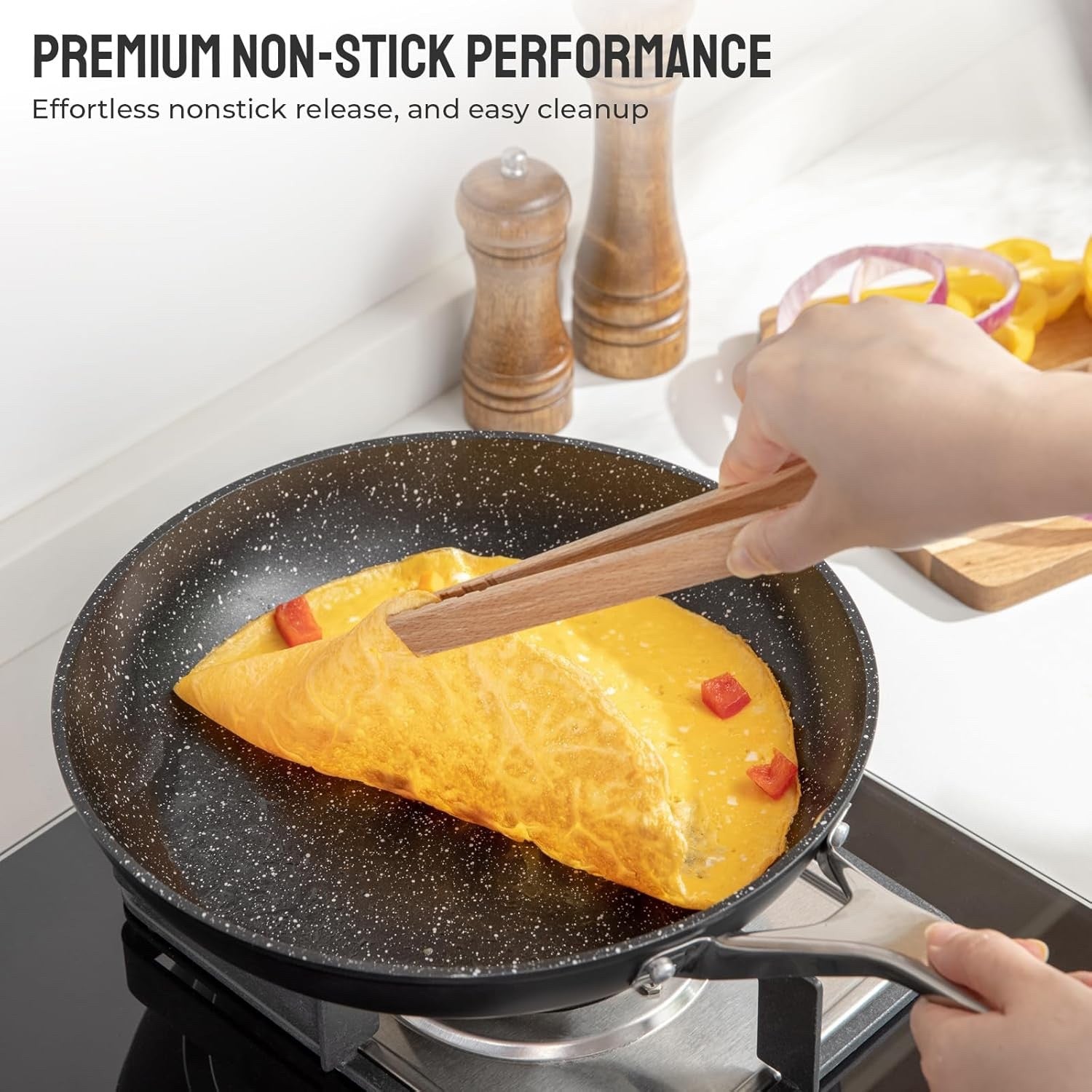 10Pcs Black Non Stick Induction Cookware Set with Frying Pans & Glass Lids
