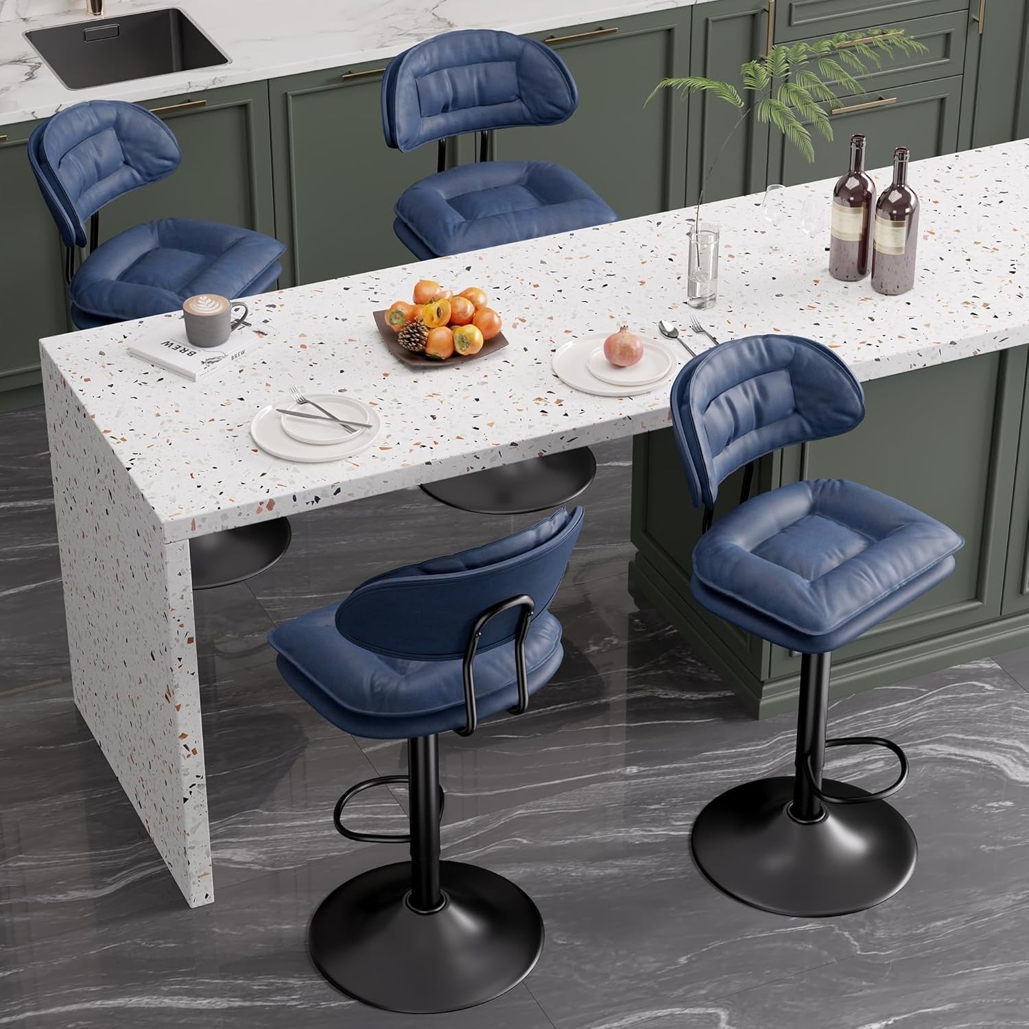 Adjustable Swivel Bar Stools Set of 2 | Blue Faux Leather Counter Height