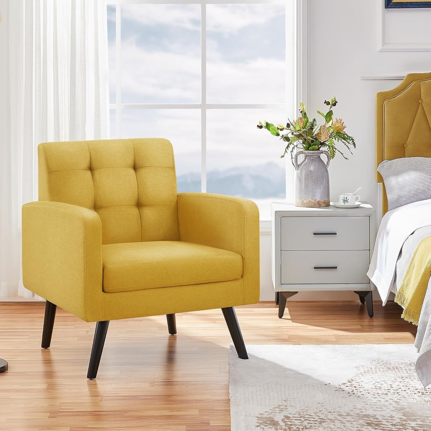 2x Yellow Accent Armchairs | Mid Century Tufted Lounge Chairs Set