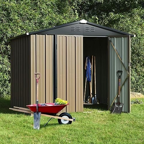 8x6FT Metal Storage Shed Outdoor Garden Tool House with Apex Roof & Double Doors