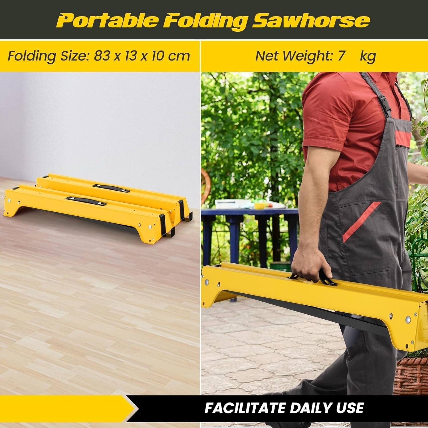Yellow Folding Sawhorses 2-Pack Steel Trestles 227kg Load w/ Support Arms