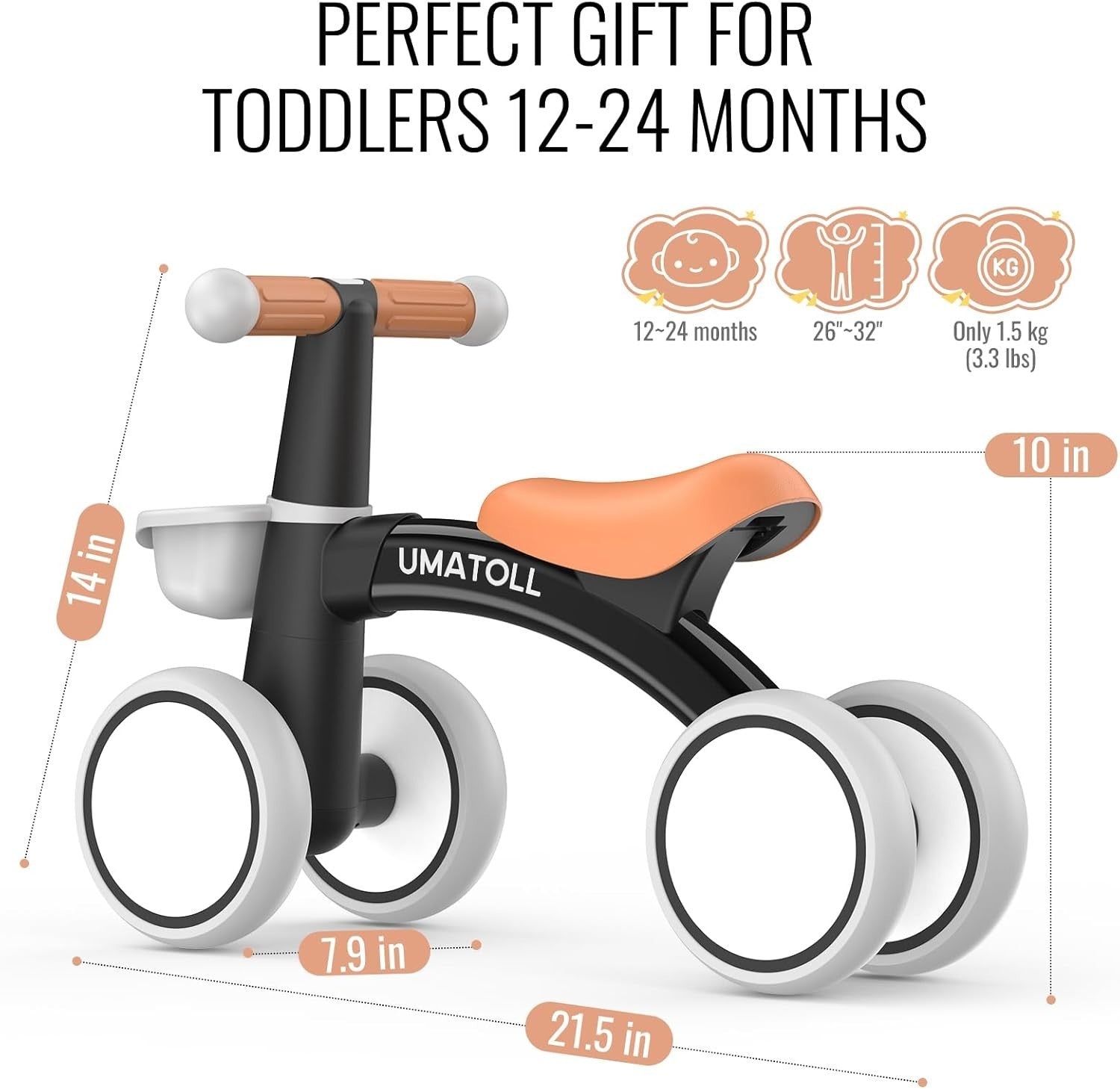 Toddler Balance Bike 12-24 Months Adjustable Seat 4 Wheel Black