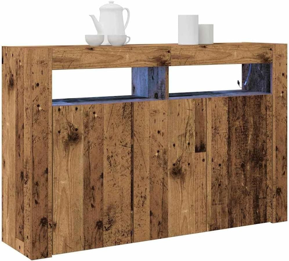Rustic LED Wooden Sideboard Cabinet 3 Doors 8 Compartments Storage Buffet
