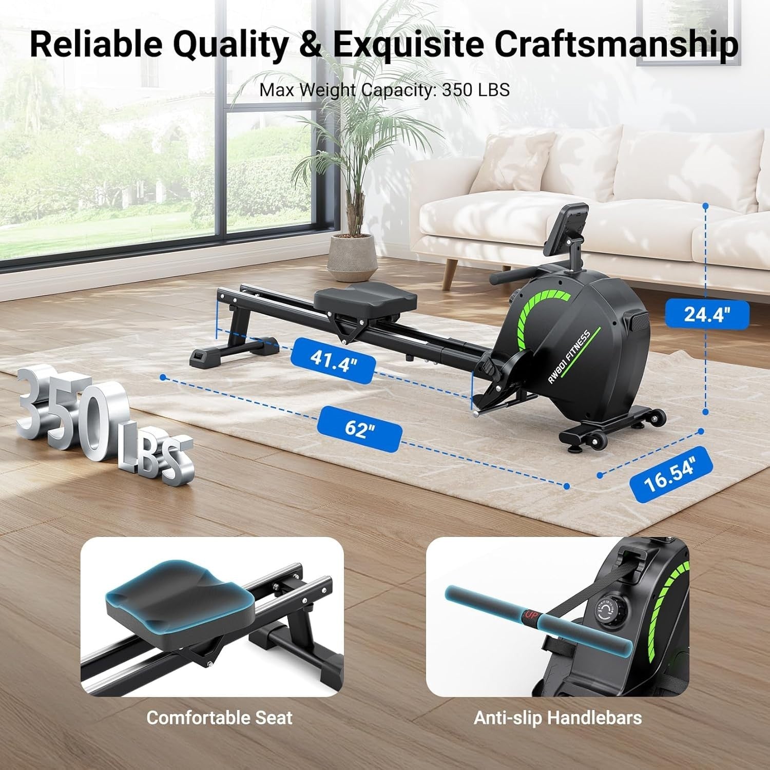 Magnetic Rowing Machine 16-Level Quiet Resistance Bluetooth LCD Dual Rail 350LB