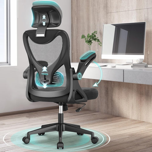 Ergonomic Office Chair High Back Mesh Flip Up Armrest Lumbar Support Black