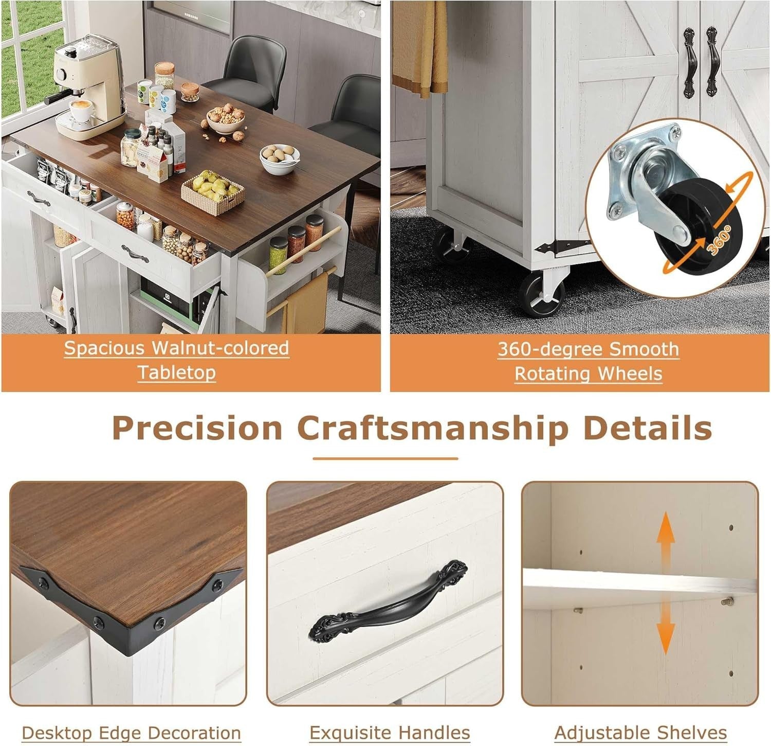 Farmhouse Kitchen Island Trolley with Fold-Out Table, Storage & Wheels