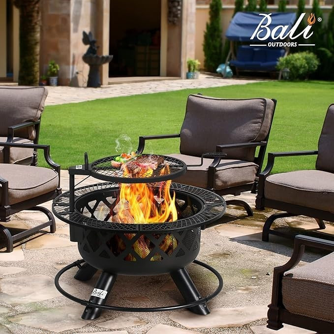 Large Outdoor Fire Pit with Swivel Cooking Grill 32in Steel Wood Burner