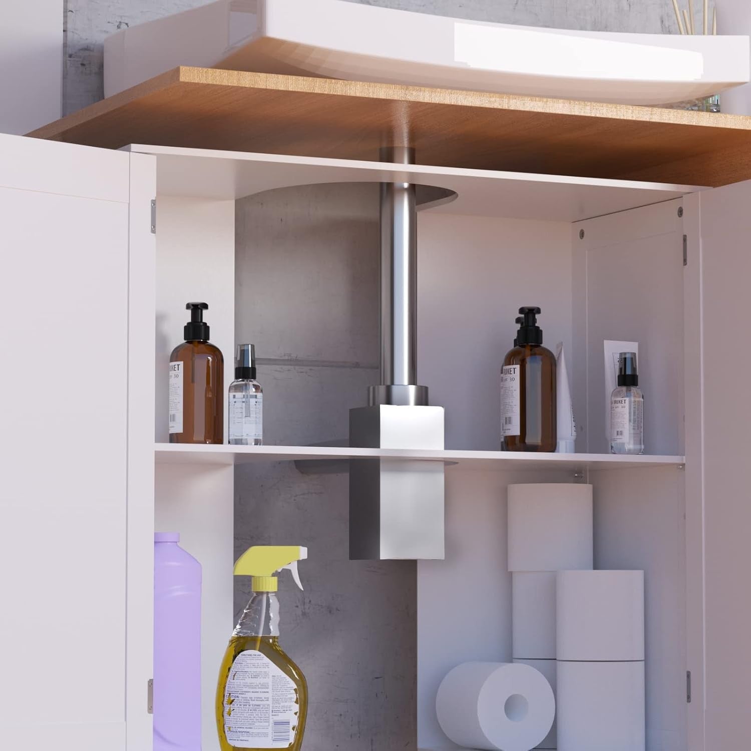 White Bathroom Sink Cabinet – 2 Door Under Sink Storage Unit with Adjustable