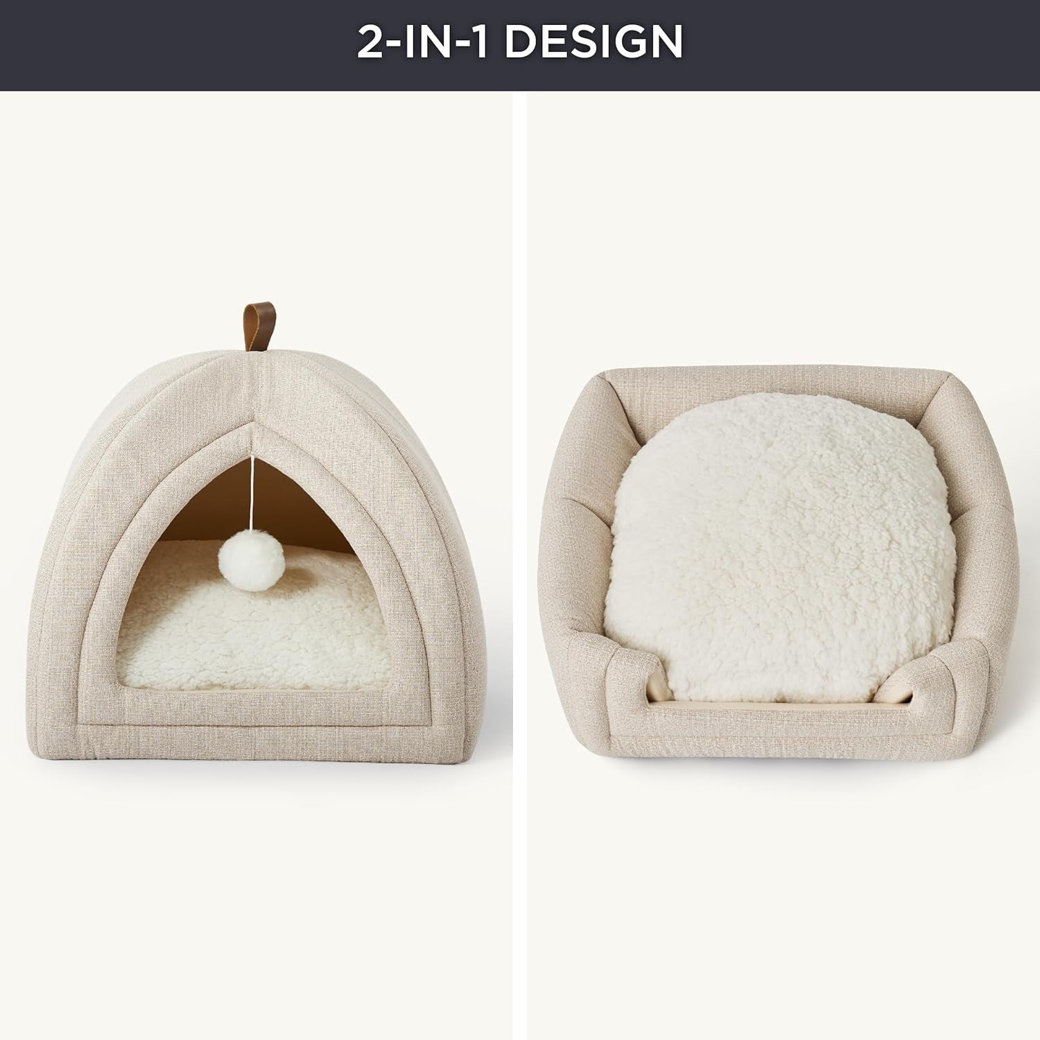 Large Cat Cave Bed 44cm Igloo Tent Washable Cushion Beige
