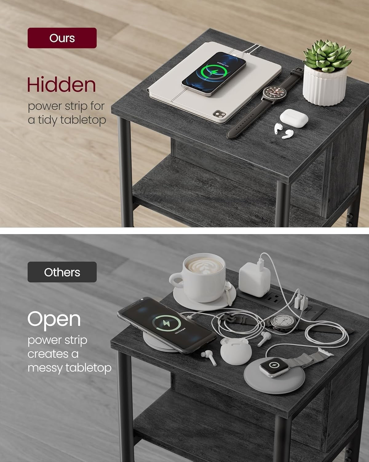 Slim Bedside Table with USB & Plug Sockets, 3-Tier 30x34x58cm Storage