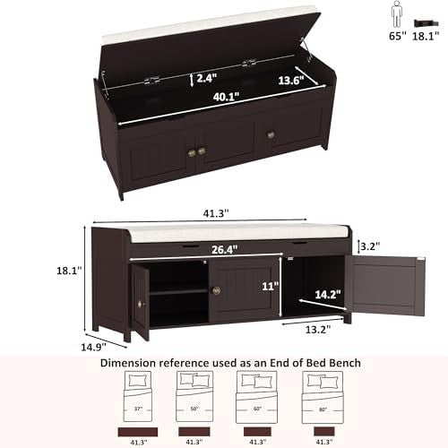 Espresso Shoe Storage Bench with Cushion Seat 3-Door Cabinet, Hidden Compartment