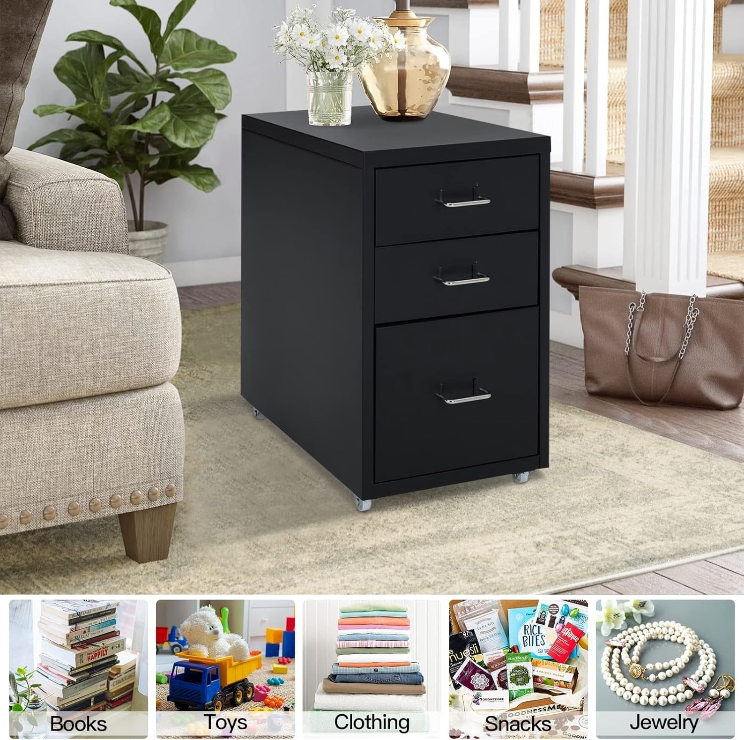 Compact Metal Rolling File Cabinet 3 Drawer Under Desk Storage Black