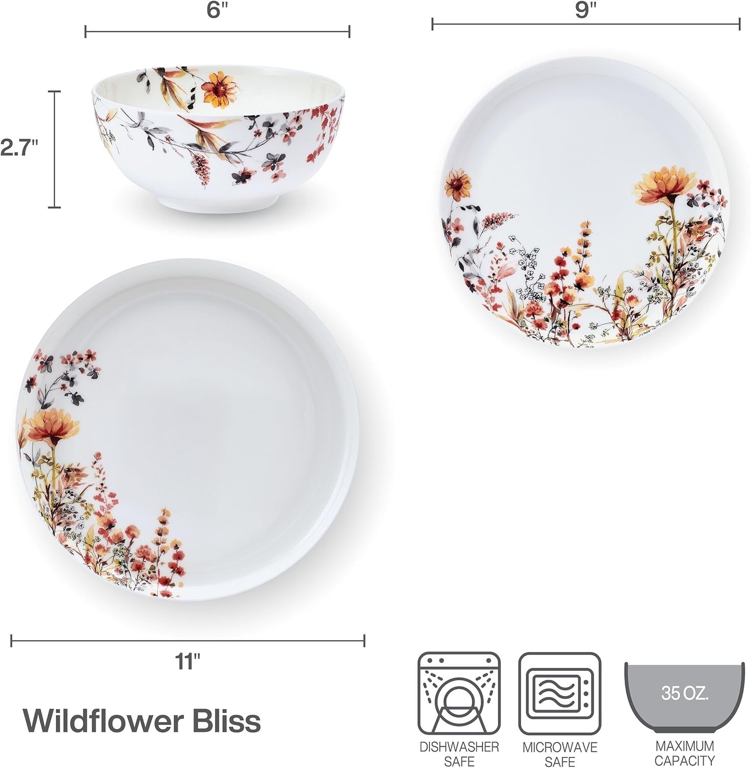 12pc Floral Bone China Dinnerware Set Lightweight Chip Resistant Plates Bowls