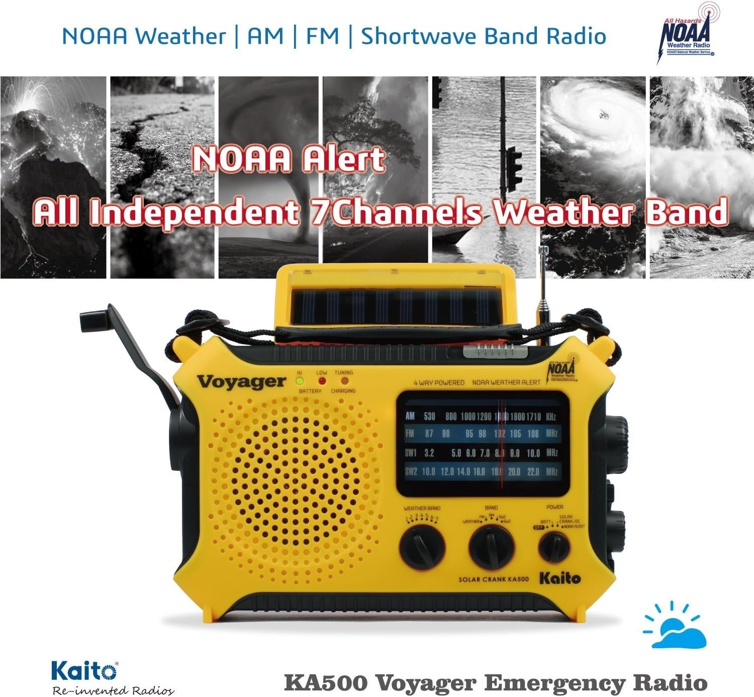 Emergency Weather Alert Radio Solar Hand Crank AM FM SW 7 Band Yellow