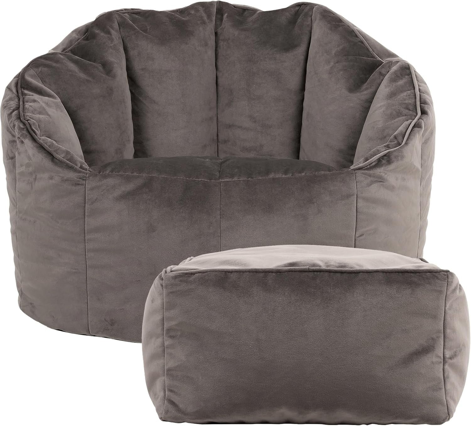 Grey Velvet Bean Bag Chair With Footstool Adult Seat Lounge Comfort Set