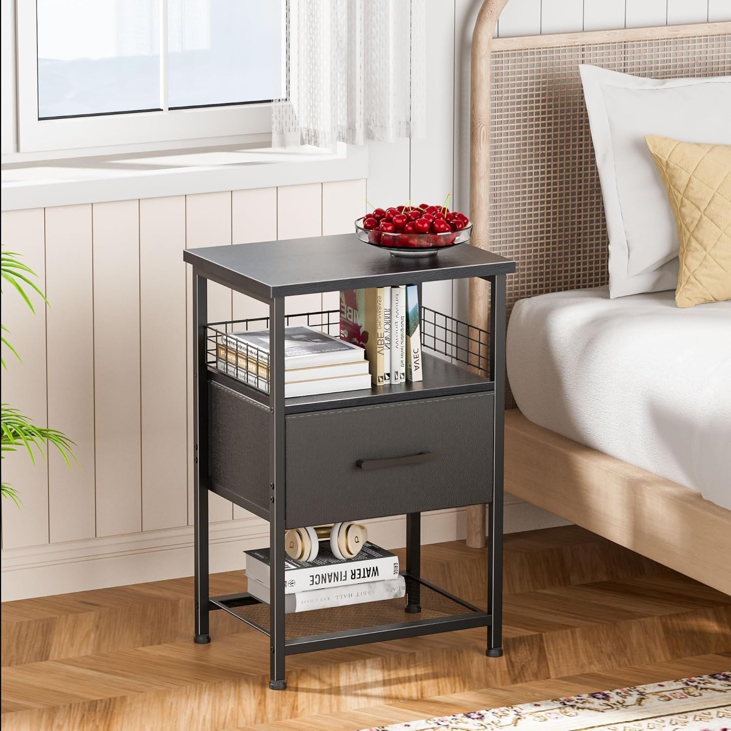 Set of 2 Modern Black Bedside Tables with Drawers & Shelves – 3-Tier Nightstands