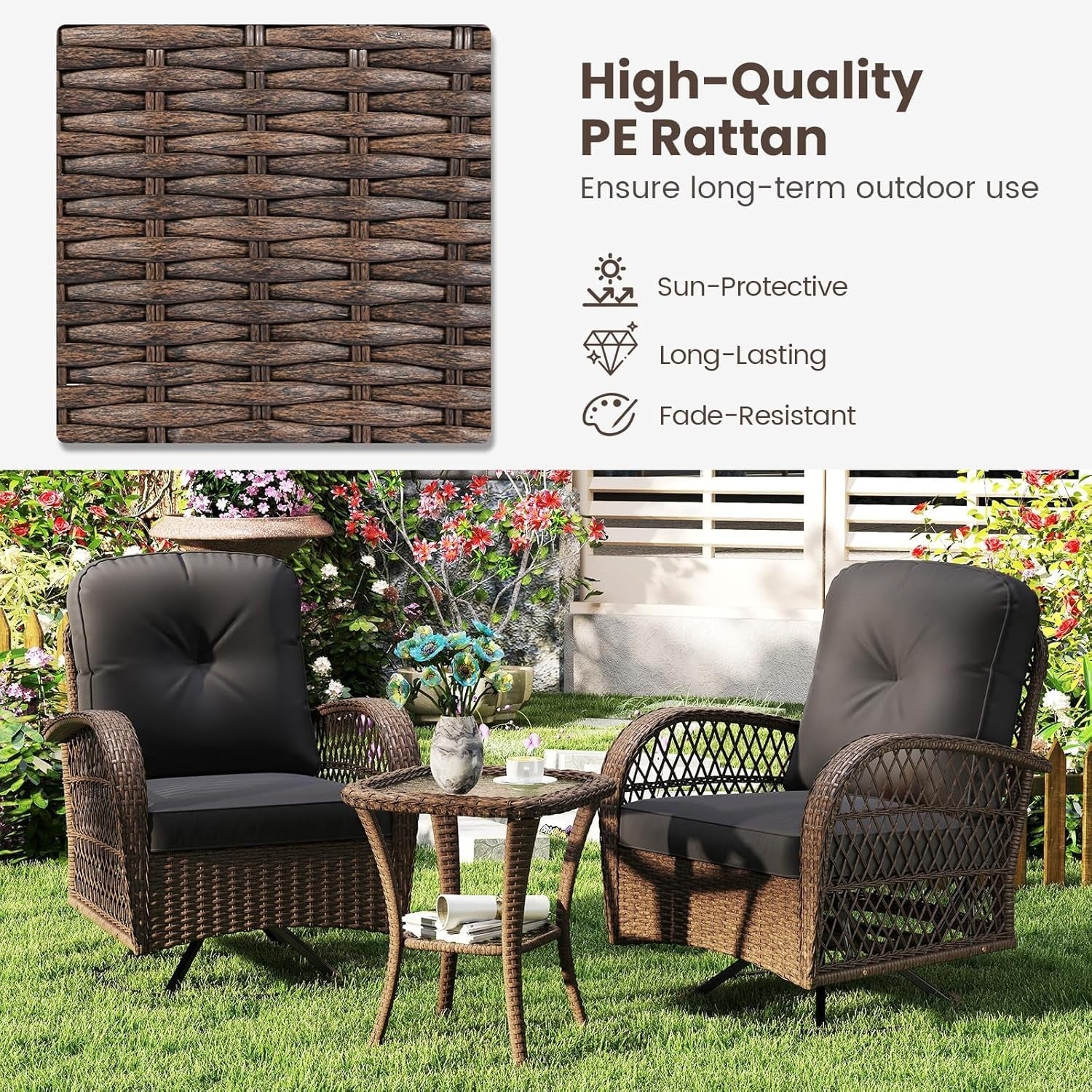 Luxury Swivel Rattan Bistro Set Reclining Chairs Coffee Table Garden Patio