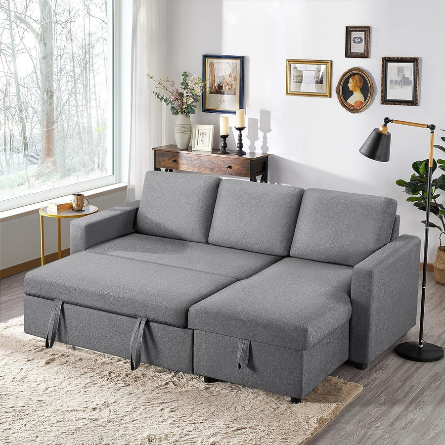 Light Grey L-Shaped Sofa Bed 3 Seater Pull Out Storage Sleeper Couch