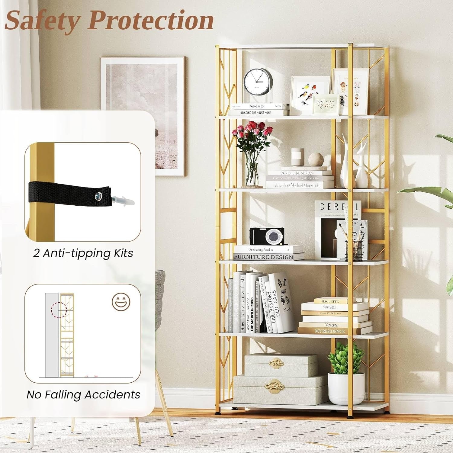 6-Tier Gold & White Bookshelf Modern Display Storage Unit Heavy-Duty Metal Frame