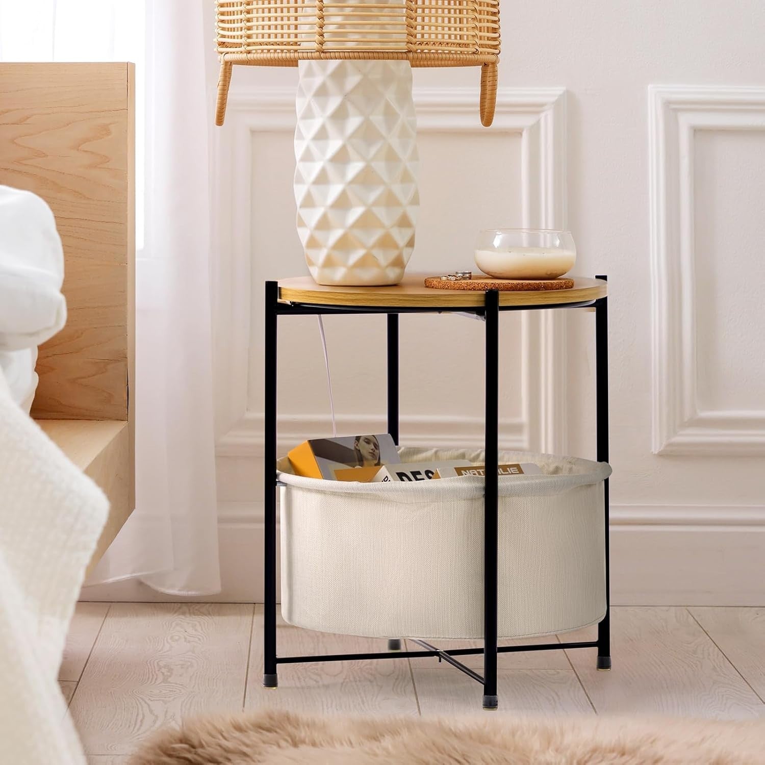 Round Side Table with Fabric Basket Storage Small Coffee Sofa Table