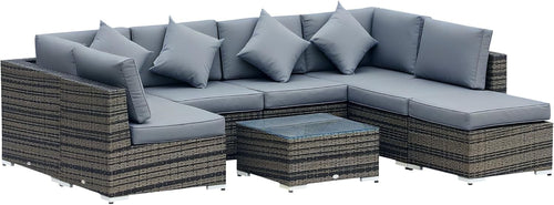 8 Seat Grey Rattan Garden Sofa Set with Cushions & Glass Table Outdoor