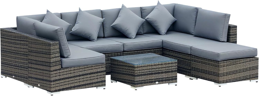 8 Seat Grey Rattan Garden Sofa Set with Cushions & Glass Table Outdoor