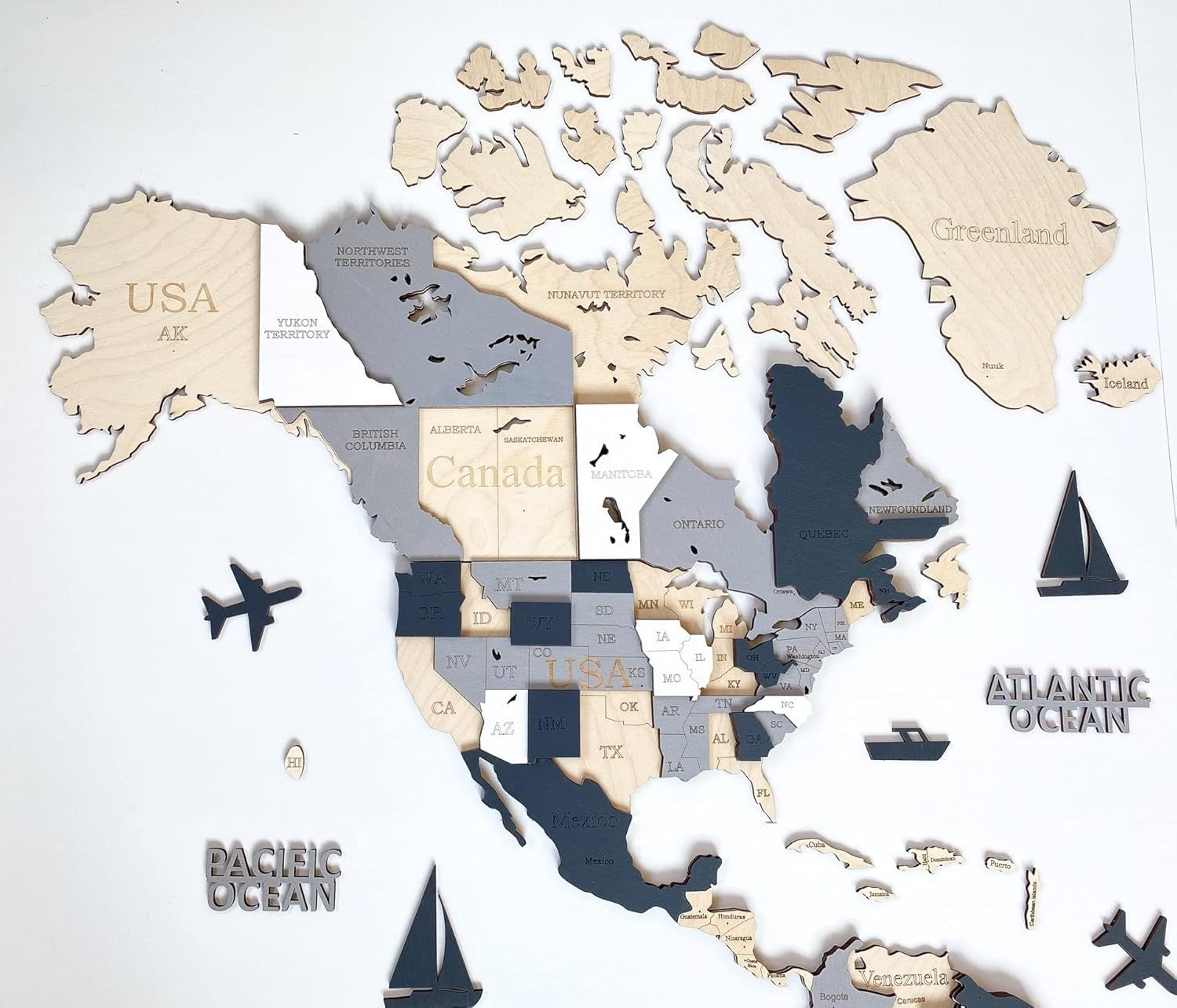 XL 3D Wooden World Map Wall Art Alaska Decor 213x113cm