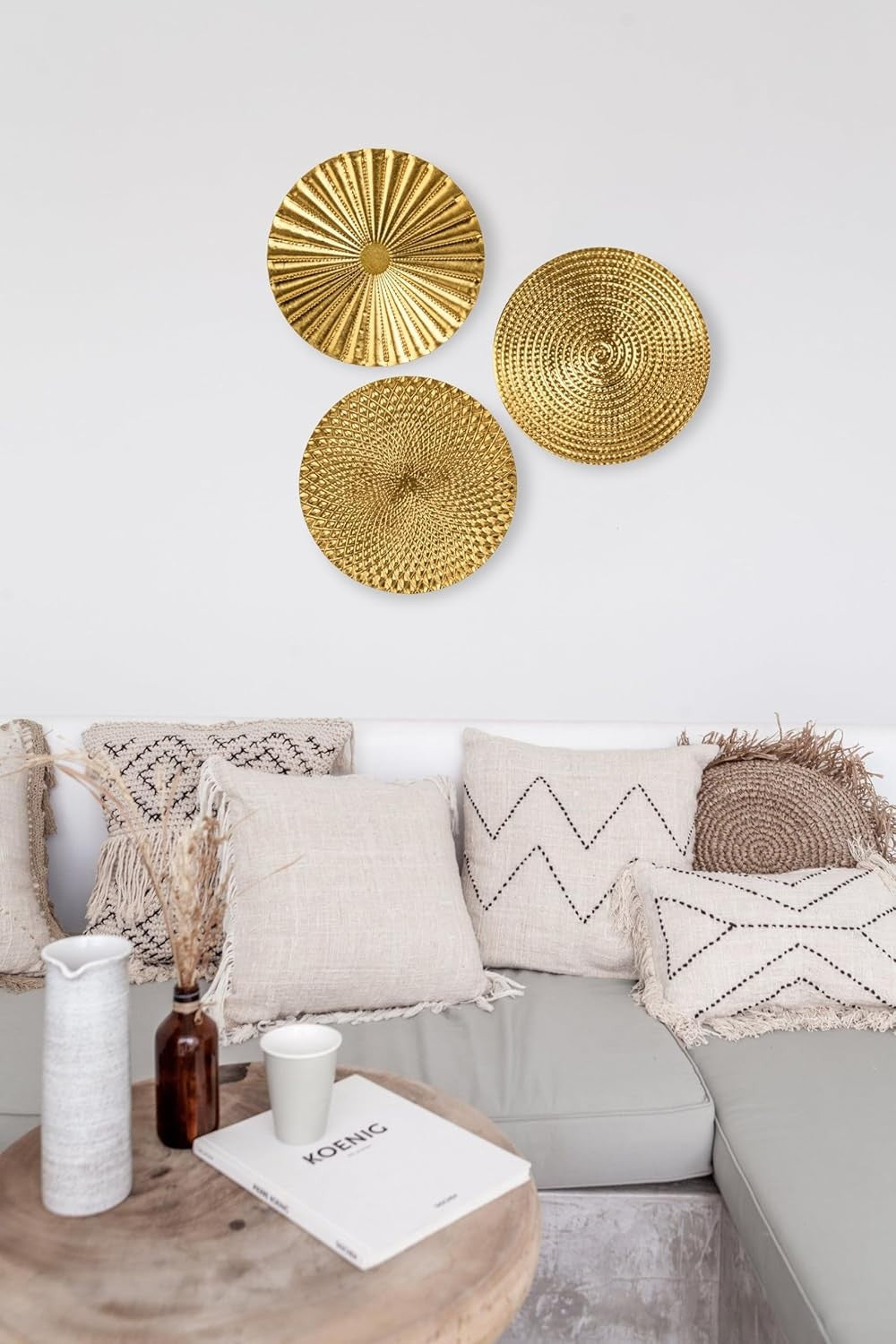 Gold Metal Wall Art Set of 3 Starburst Round Plates 12” Décor