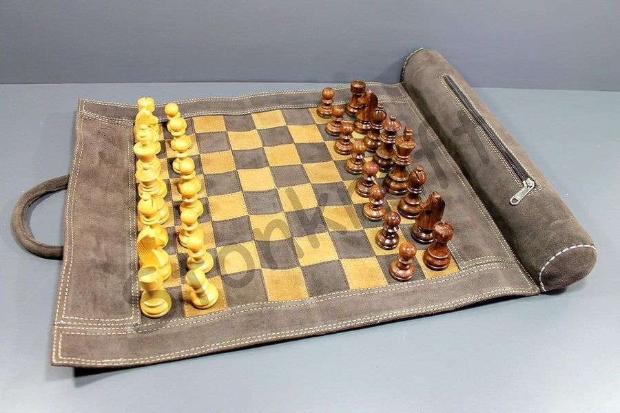 Roll-Up Leather Chess Set 19" x 15" | 12" Board | Wooden Staunton Pieces + Carry