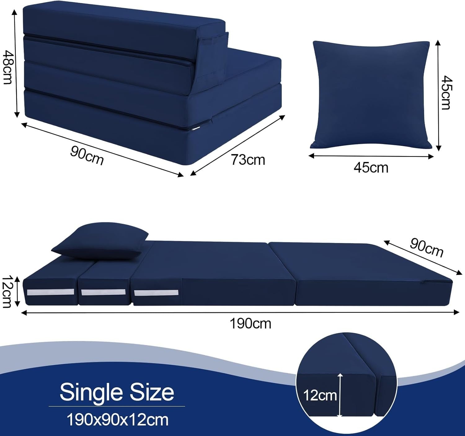 Folding Sofa Bed Mattress Guest Chair Z Lounge Foam Futon Single Navy
