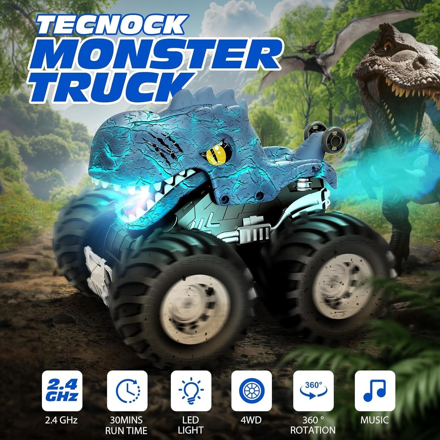 RC Dinosaur Car 360° Spin w/ Spray Lights Sound Kids Remote Control Toy 2.4GHz
