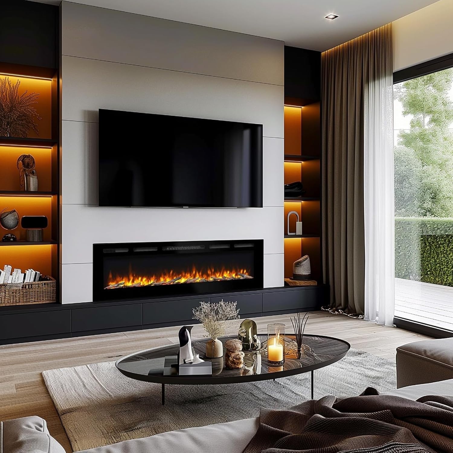 Programmable Recessed Electric Fireplace 68” | Remote, 3 Flame Modes, Timer