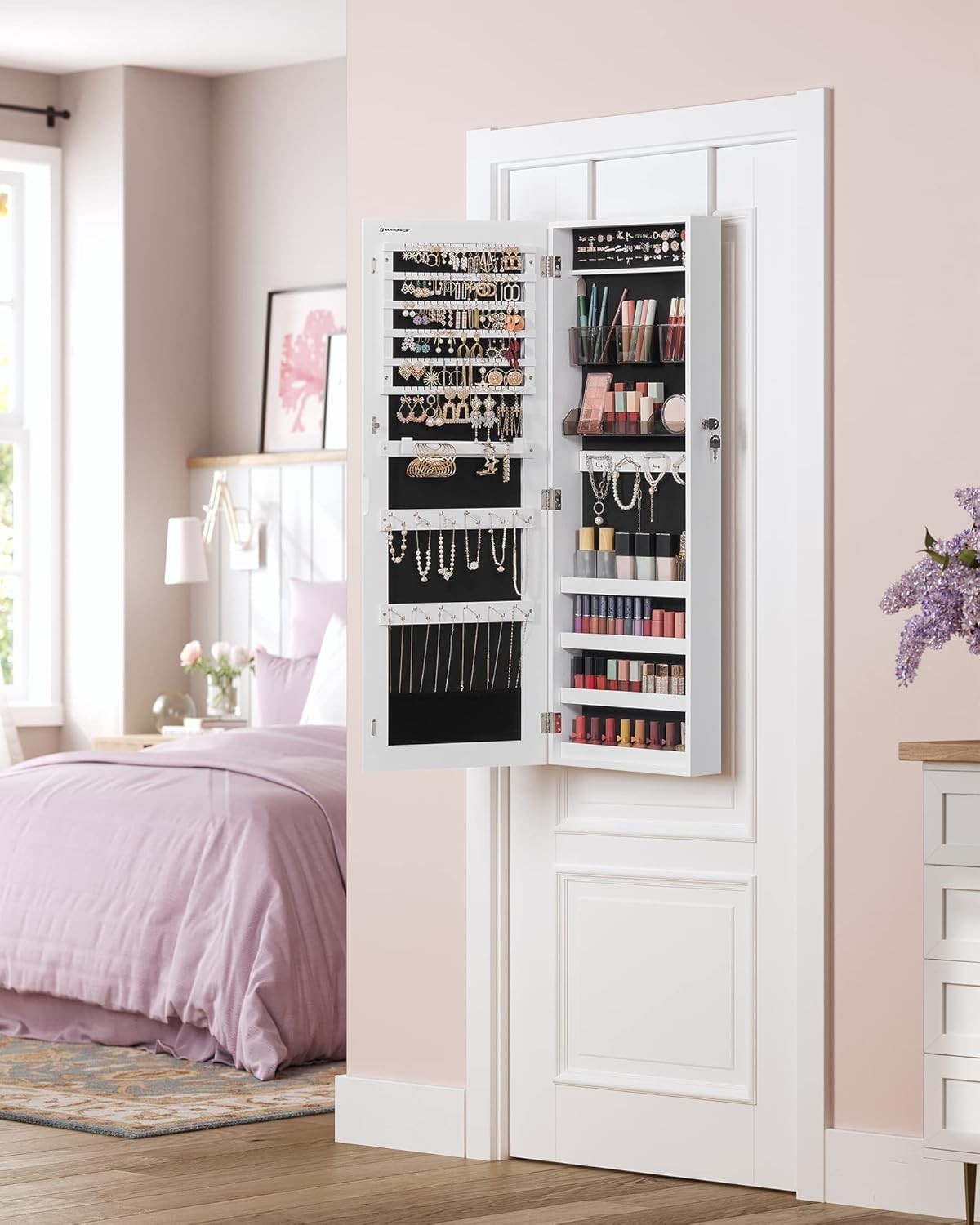 White Wall Mounted Jewelry Cabinet Mirror Lockable Hanging Storage