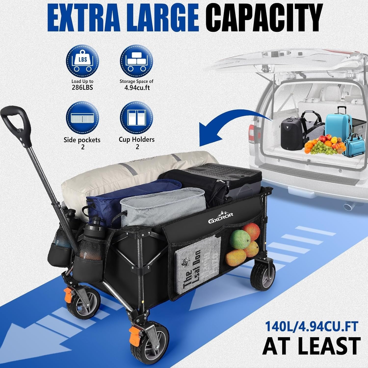 Black 140L Heavy Duty Folding Wagon 130kg Trolley 14.5cm Wide Wheel Cart