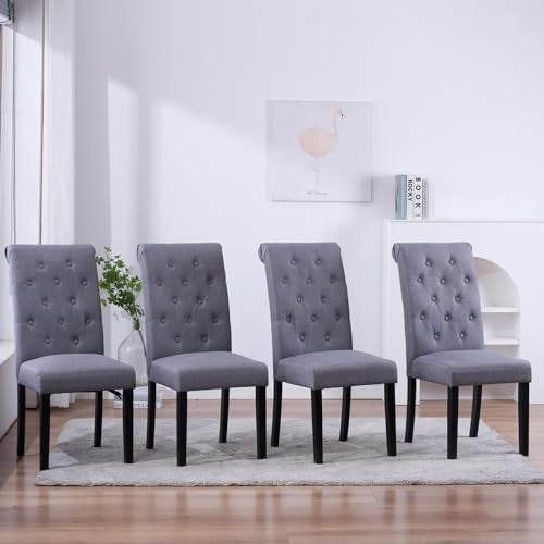 Modern 5-Piece Round Glass Dining Table Set with 4 Grey Fabric Chairs